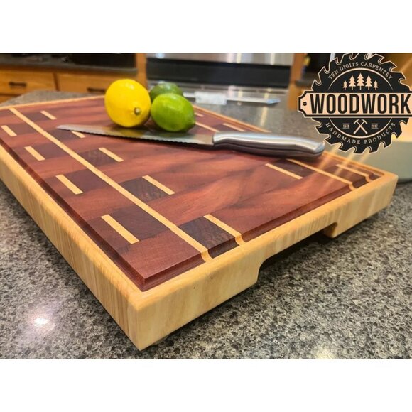 African Padauk, Ash, Beeswax, & Mahogany Handcrafted Wooden Cutting Board - Picture 2 of 9